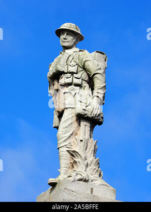 Statue of a soldier at the top of the war memorial on the seafront at Douglas, Isle of Man. U.K. Stock Photo