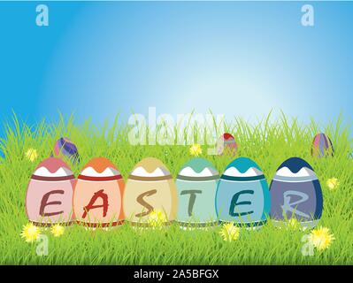 Multi colored Easter eggs with letters, word Easter on eggs. Stock Vector
