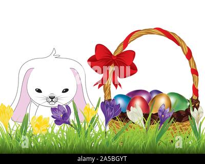 Spring flowers, colorful crocus and cute white rabbit with Easter basket. Stock Vector