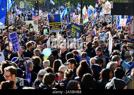 Large Crowd with Placards. People's Vote March. Close to one million Anti-Brexit protesters marched on Parliament to demand a second referendum.Palace of Westminster, London. UK Stock Photo