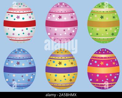Colorful decorative Easter eggs on light blue background. Stock Vector