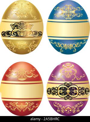Collection of Easter eggs with decorative floral ornament and ribbon. Stock Vector