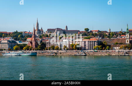 View of river Danube and the Buda skyline, with Fisherman's Bastion and  Matthias Church, in Budapest, Hungary. Stock Photo