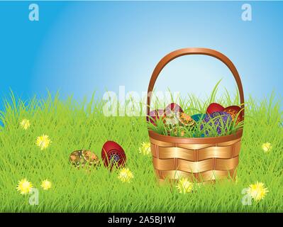 Wicker Easter basket with colorful eggs on green lawn. Stock Vector
