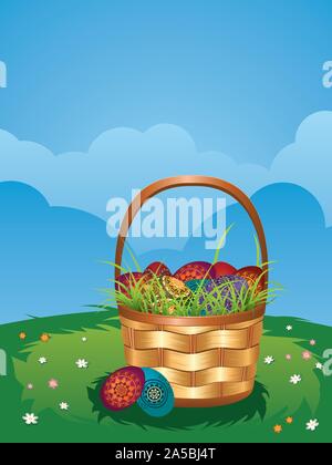 Wicker Easter basket with colorful eggs on green lawn. Stock Vector