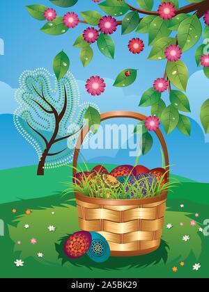 Wicker Easter basket with colorful eggs on green lawn. Stock Vector