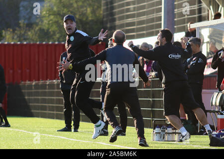 Pitsea, UK. 19th Oct, 2019. LONDON, UNITED KINGDOM OCTOBER 19 The Chichester City coaches celebrate after the final whistle during FA cup 4th qualifying round between Bowers and Pitsea and Chichester City at Len Salmon stadium, Pitsea UK on 19 October 2019 Credit: Action Foto Sport/Alamy Live News Stock Photo