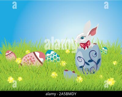 Cute Easter bunny sitting inside a colorful cracked egg on grass field background. Stock Vector