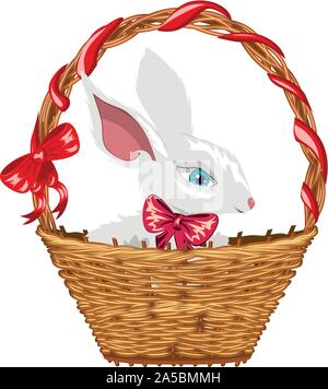 Cute white Easter bunny in basket with red bow. Stock Vector
