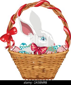 Cute white Easter bunny in basket with red bow. Stock Vector