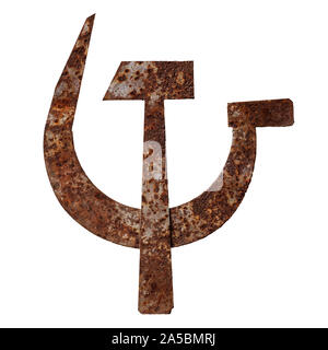 Isolated objects: crossed metal hammer and sickle, old rusty symbol of communism, on white background Stock Photo
