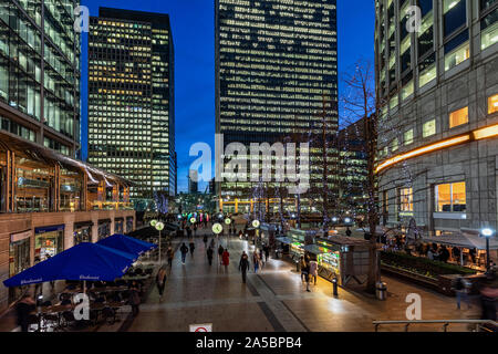 Looking down on Jubilee Plaza.  Annual Winter lights festival in Canary Wharf London England Stock Photo