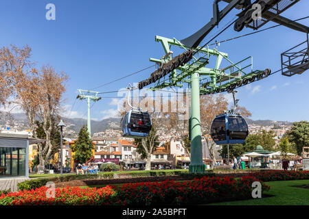 The Teleférico do Funchal. The Funchal Monte cable cars beginning their journey from the centre of Funchal to the hills of Monte, Madeira Stock Photo