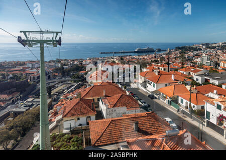 The Teleférico do Funchal. The Funchal Monte cable car rides above the roofs of Funchal on the Portuguese island of Madeira