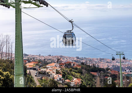 The Teleférico do Funchal. The Funchal Monte cable car rides above the roofs of Funchal on the Portuguese island of Madeira Stock Photo