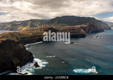 View from Ponta do Rosto, a popular lookout offering views of the jagged coastline & offshore rock formations at the eastern tip of Madeira Stock Photo