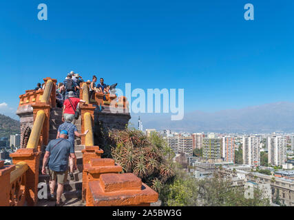 View over the city from the Torre Mirador at the summit of the Cerro Santa Lucía (Santa Lucia Hill), Barrio Bellavista, Santiago, Chile, South America Stock Photo