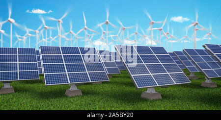 Solar panels with wind turbines on sunset summer landscape. Green energy concept. 3d illustration Stock Photo