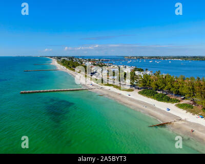 Aerial view of Cortez beach withe sand beach and his little wood pier on blue water, Anna Maria Island, Florida, USA Stock Photo