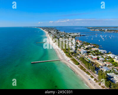 Aerial view of Cortez beach withe sand beach and his little wood pier on blue water, Anna Maria Island, Florida, USA Stock Photo