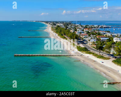 Aerial view of Cortez beach withe sand beach and his little wood pier on blue water, Anna Maria Island, Florida, USA Stock Photo