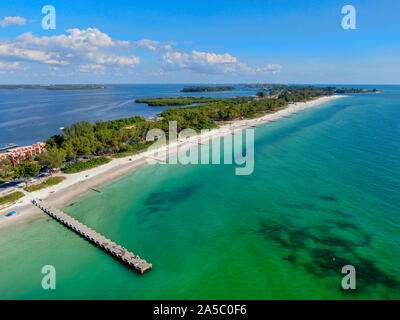 Aerial view of Cortez beach withe sand beach and his little wood pier on blue water, Anna Maria Island, Florida, USA Stock Photo