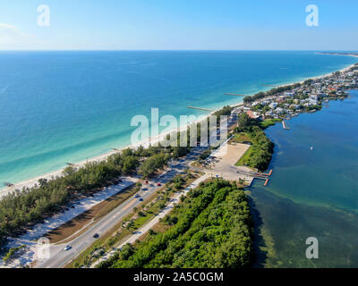 Aerial view of Cortez beach withe sand beach and his little wood pier on blue water, Anna Maria Island, Florida, USA Stock Photo