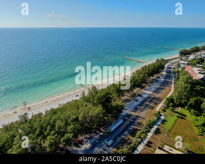 Aerial view of Cortez beach withe sand beach and his little wood pier on blue water, Anna Maria Island, Florida, USA Stock Photo