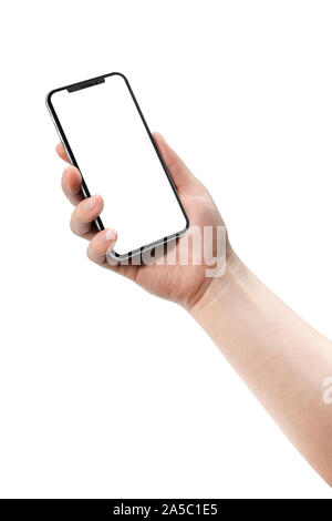 Woman hand holding smart phone with blank screen isolated on white. Template, mockup, model, modern, design. Stock Photo