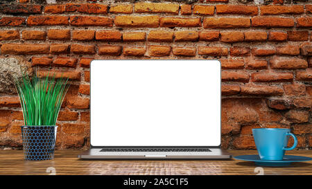Laptop template isolated on brick background. Mockup, design. Stock Photo
