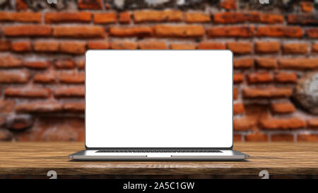 Laptop template isolated on brick background. Mockup, design. Stock Photo
