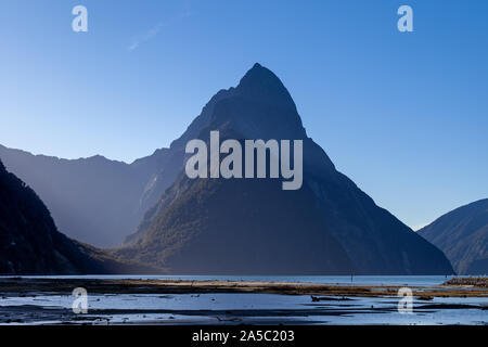 Mitre Peak, Milford Sound, New Zealand sunbathing in the last rays of the day Stock Photo