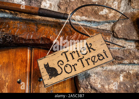 Trick or treat hanging name sign Stock Photo