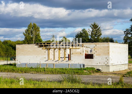 Concrete foundation of a new house, view of construction site in preparation process Stock Photo