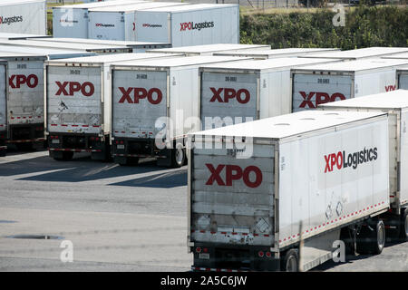 XPO Logistics semi-trailer trucks and trailers at a freight facility in Roanoke, Virginia on September 15, 2019. Stock Photo