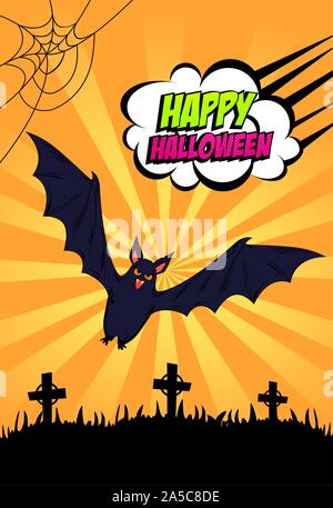 halloween poster with bat flying in cemetery style pop art Stock Vector