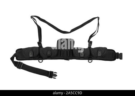 Modern black bandolier isolated on a white background. Accessory for convenient carrying of cartridges on the hunt. Stock Photo