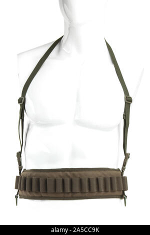 Modern green bandolier isolated on a white background. Accessory for convenient carrying of cartridges on the hunt. Stock Photo
