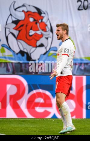 Leipzig, Germany. 19th Oct, 2019. Timo Werner of Leipzig celebrates his scoring during a 2019-2020 season German Bundesliga match between RB Leipzig and VfL Wolfsburg in Leipzig, Germany, Oct. 19, 2019. Credit: Kevin Voigt/Xinhua/Alamy Live News Stock Photo