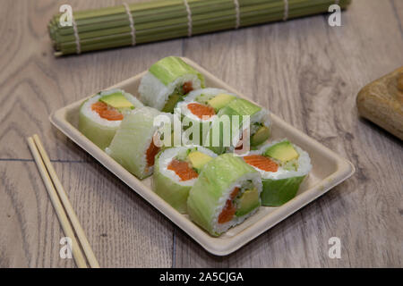 Tasty colorful sushi healthy variety Japanese takeaway food Stock Photo