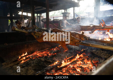 Spit Roasted pigs being cooked slowly over wooden embers in talisay City,Cebu. Known as ‘Lechon Baboy’ in the Philippines, was once acclaimed as ‘The best pig ever’ by celebrity chef,sadly now deceased,Anthony Bourdain. As the National dish of the Philippines ‘Lechon baboy’ is a firm favourite with Filipinos throughout the year but particularly during special events such as birthdays,Fiestas and Christmas time where literally hundreds of thousands of pigs will be roasted. The Province of Cebu is regarded as having the best Lechon in the Philippines. Purveyors of Lechon have their own closely g Stock Photo