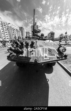 Tanks in Santiago. Riots at Santiago de Chile city centre. The army went out to the streets to dissolve people. Santiago de Chile. 19/10/2019 Stock Photo