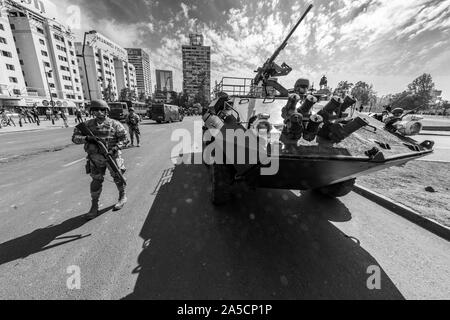 Tanks in Santiago. Riots at Santiago de Chile city centre. The army went out to the streets to dissolve people. Santiago de Chile. 19/10/2019 Stock Photo