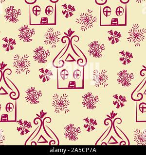 seamless vector pattern with doodle houses and snowflakes Stock Vector