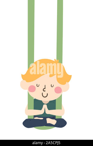 Illustration of a Kid Boy Using Hammock for Aerial Yoga Stock Photo