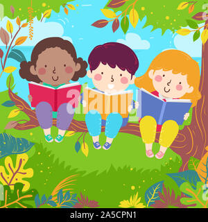 Illustration of Kids Reading a Book While Sitting Down on a Tree Branch Outdoors Stock Photo