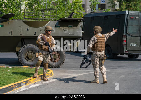 Tanks in Santiago. Riots at Santiago de Chile city centre. The army went out to the streets to dissolve people. Santiago de Chile. 19/10/2019 Stock Photo