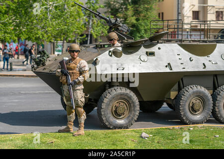 Tanks in Santiago. Riots at Santiago de Chile city centre. The army went out to the streets to dissolve people. Santiago de Chile. 19/10/2019 Stock Photo