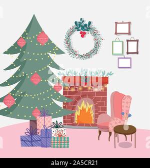 christmas tree to home decorative chimney wreath chair and gifts vector illustration Stock Vector