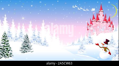 Cartoon pink castle on a background of a winter snowy forest. Winter night landscape with a pink castle. Snowman is greeting. Santa Claus on his sleig Stock Vector